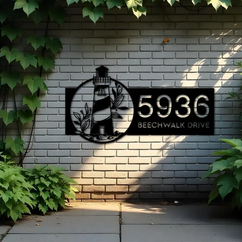 Custom Metal Floral lighthouse Metal Address Sign, House number, Outdoor Number Signage, Yard Sign Address Plate