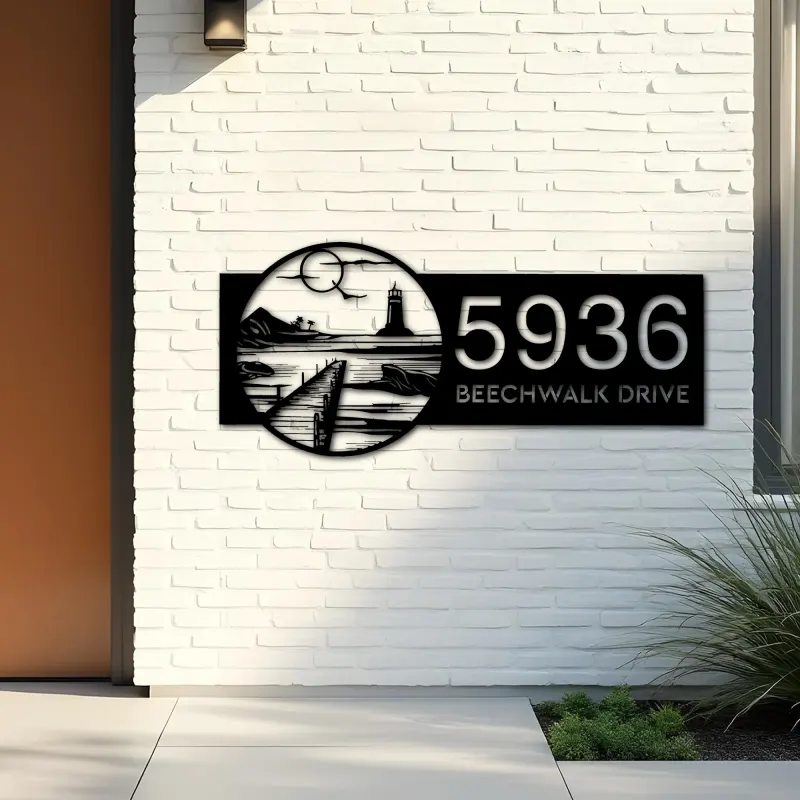 Custom Metal Lighthouse with Bay on Sea Sunset Metal Address Sign, House number, Outdoor Number Signage, Yard Sign Address Plate