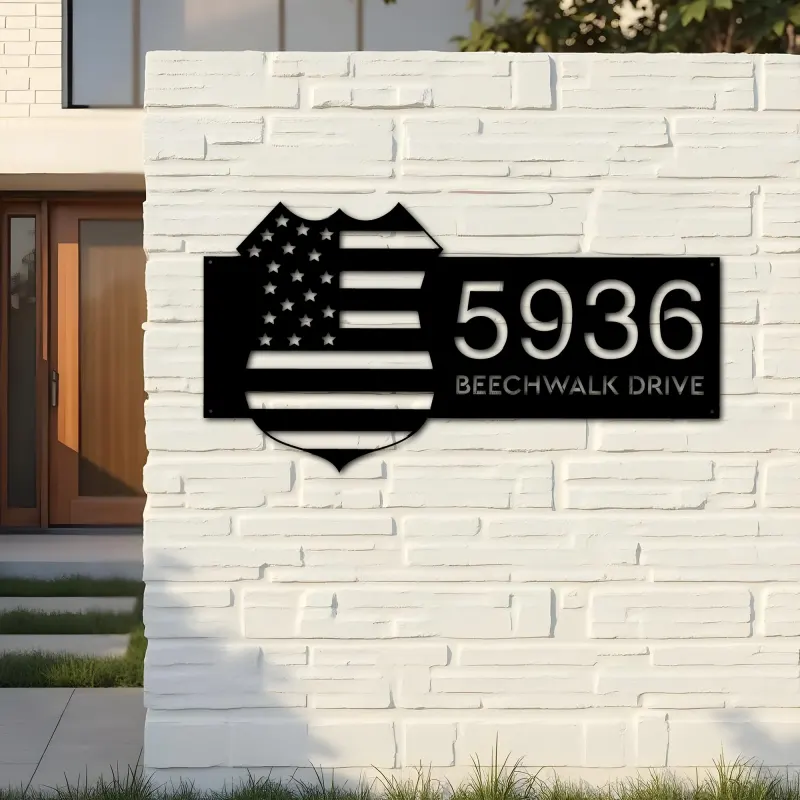 Custom Metal Police badge American Flag Patriotic Metal Address Sign, House number, Outdoor Number Signage, Yard Sign Address Plate