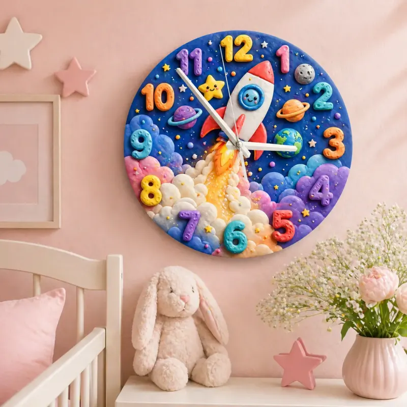 Niedliche Weltraum Rakete Wanduhr für Kinderzimmer | Bunte Galaxie Dekoration für das Kinderzimmer, Geschenk für den Geburtstag eines kleinen Jungen (34,5 cm)