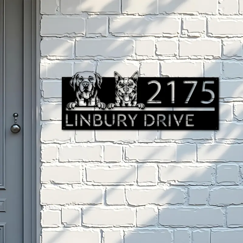 Custom Metal Red heeler and labrador dogs puppy Metal Address Sign House number Hanging Address Plaque Yard Sign Outdoor decor