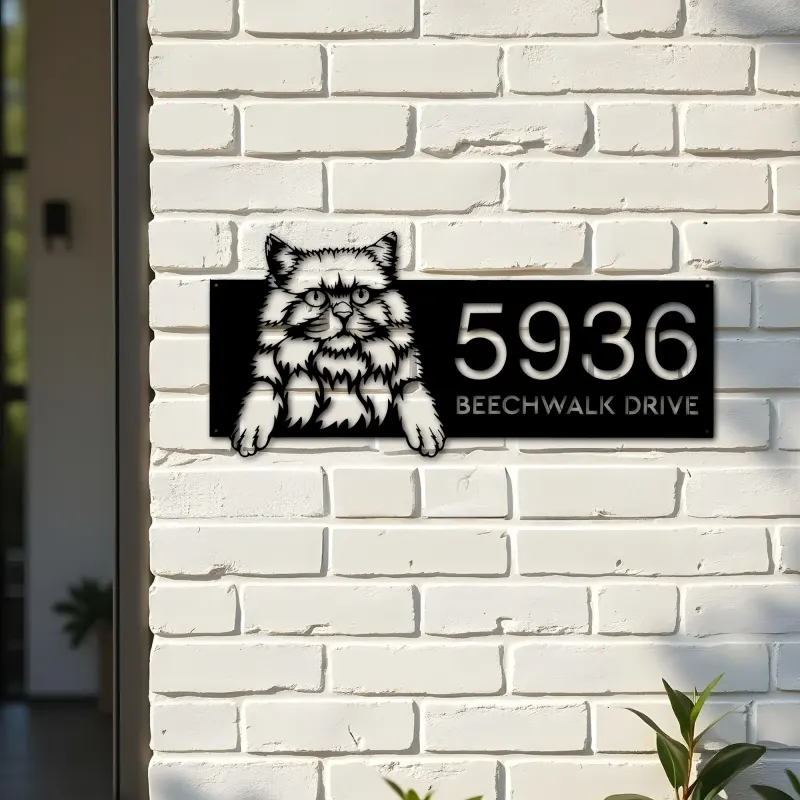 Custom Metal British longhair Cute peeking cat Metal Address Sign, House number, Outdoor Number Signage, Yard Sign Address Plate