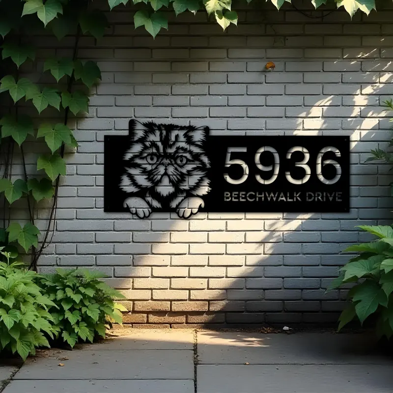 Custom Metal Persian Cute peeking cat kitten Metal Address Sign, House number, Outdoor Number Signage, Yard Sign Address Plate