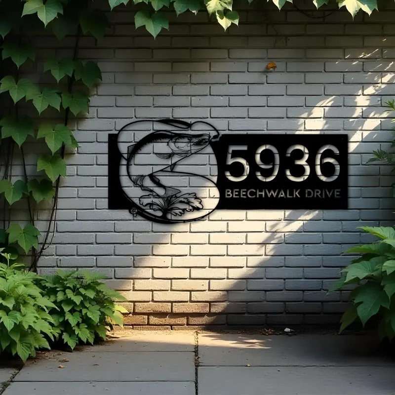 Custom Metal Salmon fishing rod bait hook Metal Address Sign, House number, Outdoor Number Signage, Yard Sign Address Plate