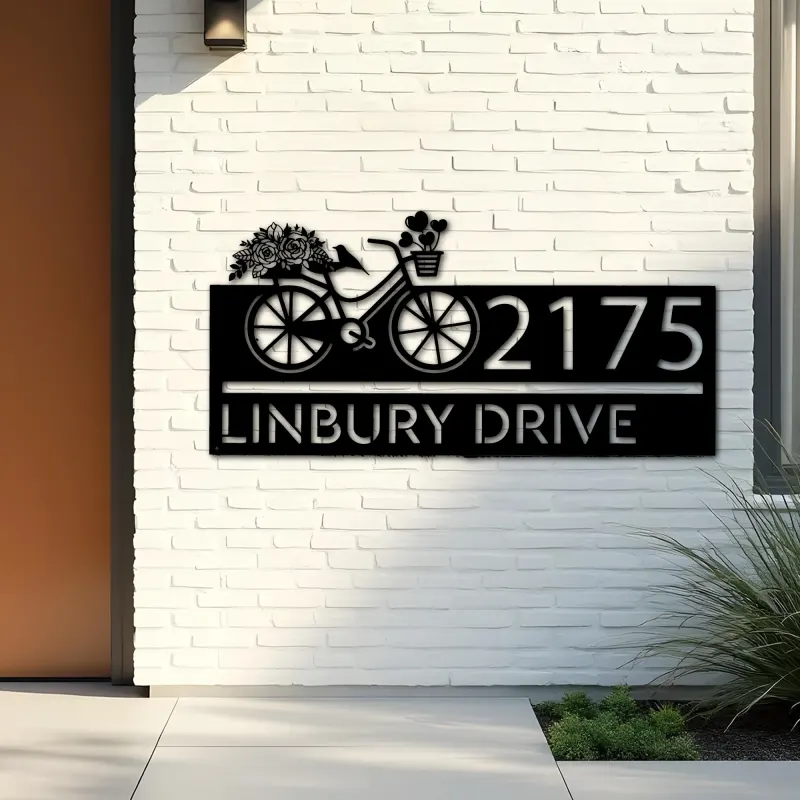 Custom Metal Bicycle with flower and hearts Metal Address Sign, House number, Outdoor Number Signage, Yard Sign Address Plate