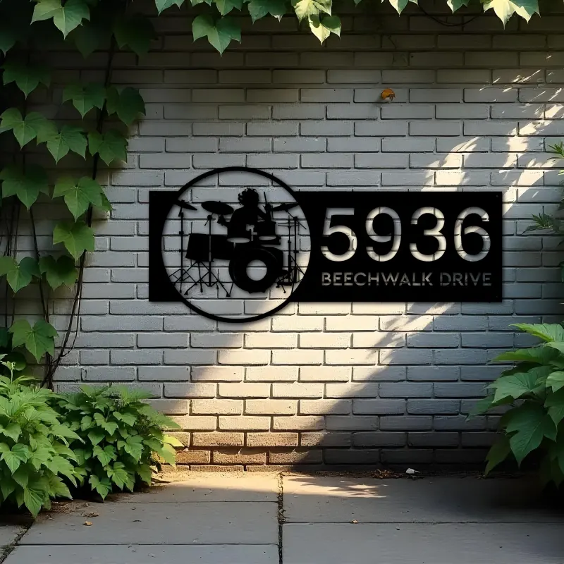 Custom Metal Drummer Drum player musician Metal Address Sign, House number, Outdoor Number Signage, Yard Sign Address Plate