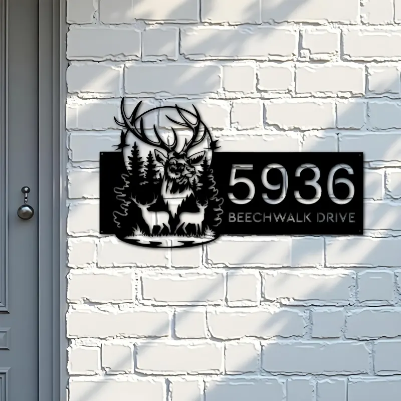 Custom Metal Deer buck forest scene Metal Address Sign, House number, Outdoor Number Signage, Yard Sign Address Plate