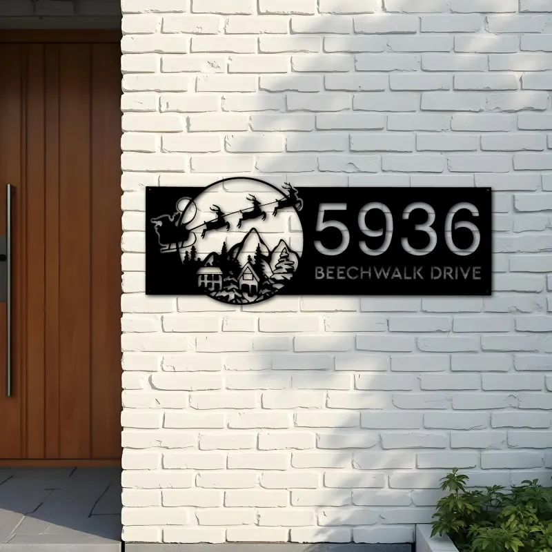 Custom Metal Christmas Santa Claus on sleigh reindeer Metal Address Sign, House number, Outdoor Number Signage, Yard Sign Address Plate