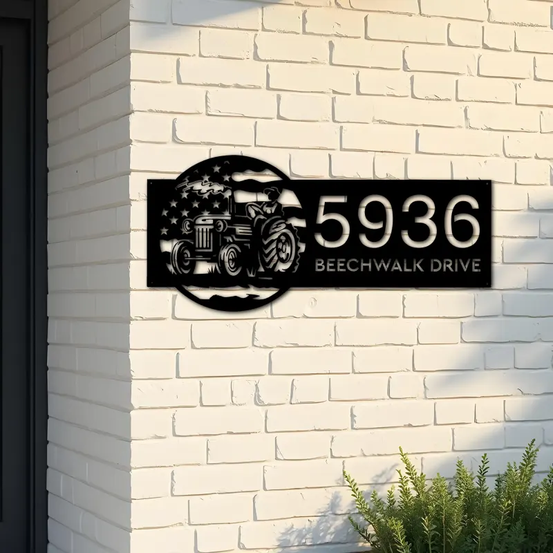 Custom Metal Farmer on tractor on US flag Metal Address Sign, House number, Outdoor Number Signage, Yard Sign Address Plate