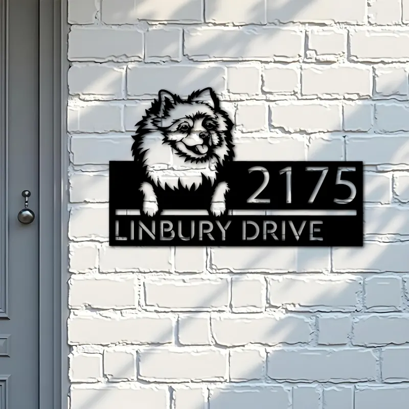 Custom Metal Pomeranian dog Puppy Metal Address Sign House number Hanging Address Plaque Yard Sign Outdoor decor
