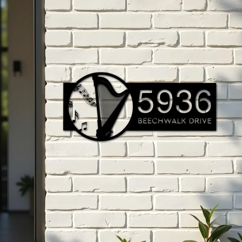 Custom Metal Harp musical instrument Metal Address Sign Custom House number Hanging Address Plaque Yard Sign Outdoor