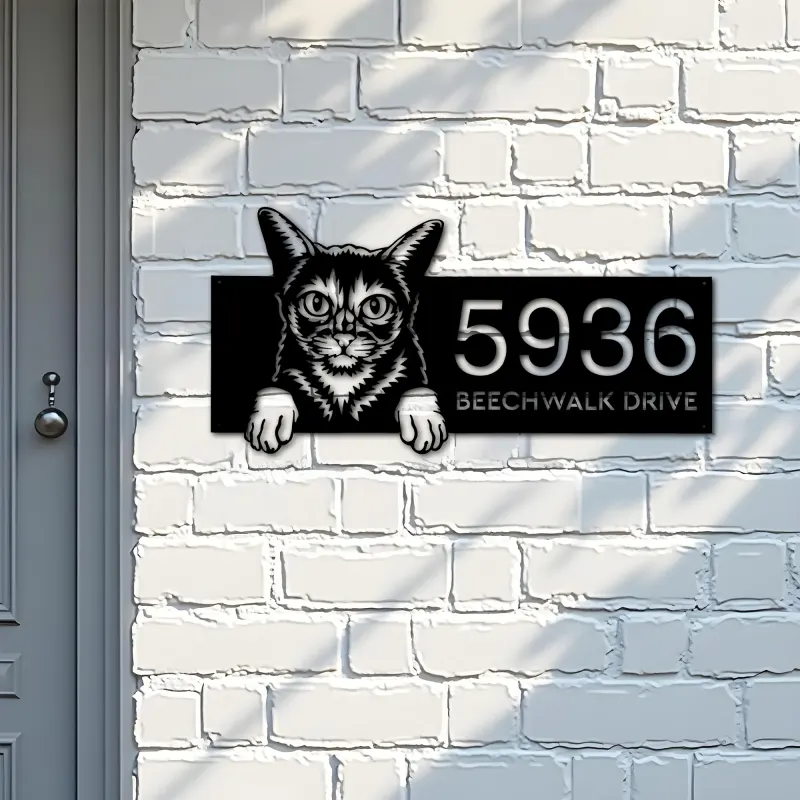 Custom Metal Abyssinian Cute peeking cat kitten Metal Address Sign, House number, Outdoor Number Signage, Yard Sign Address Plate