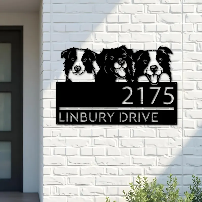Custom Metal Peeking dogs border collie Metal Address Sign, House number, Outdoor Number Signage, Yard Sign Address Plate