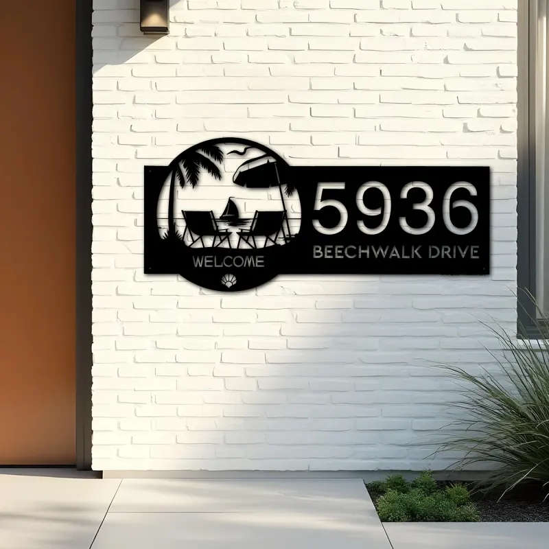 Custom Metal Palm Beach scene Metal Address Sign, House number, Outdoor Number Signage, Yard Sign Address Plate