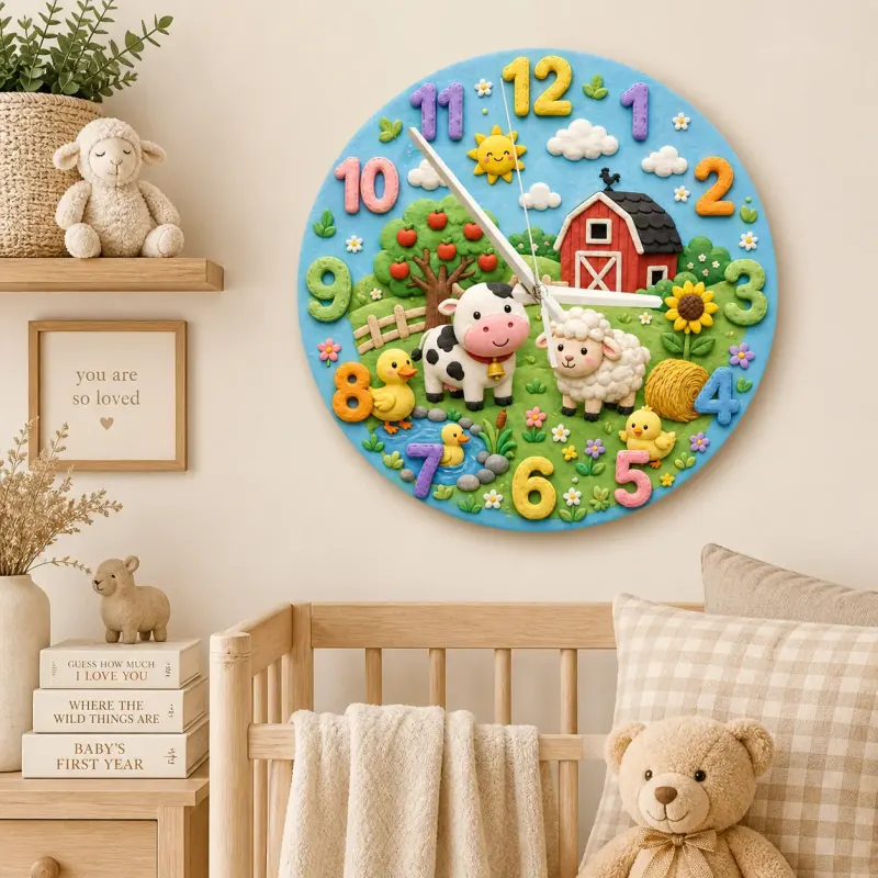 Bauernhof Tiere Wanduhr für Kinderzimmer | Rote Scheune Dekoration, Süßes Geschenk zur Babyparty für Jungen und Mädchen (34,5 cm)