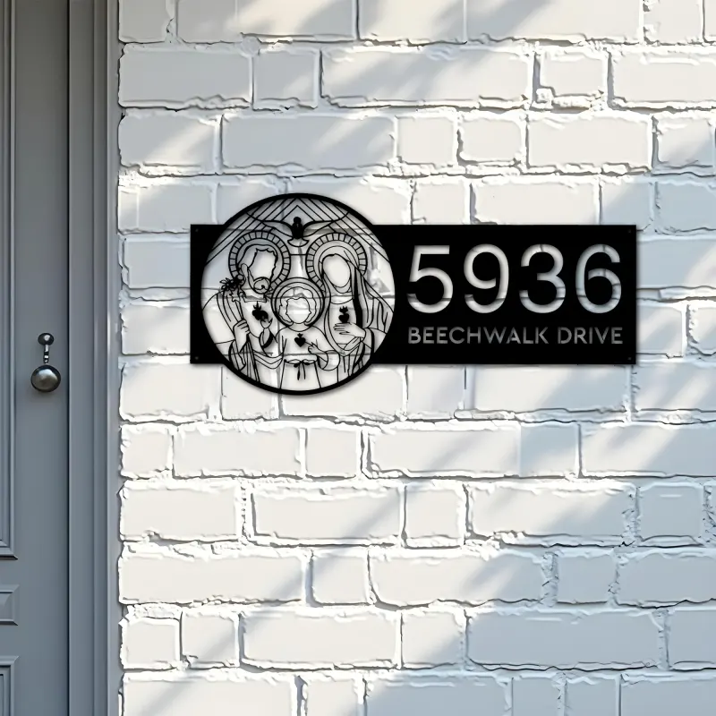 Custom Metal Holy Family Chritian Jesus Christ Metal Address Sign, House number, Outdoor Number Signage, Yard Sign Address Plate