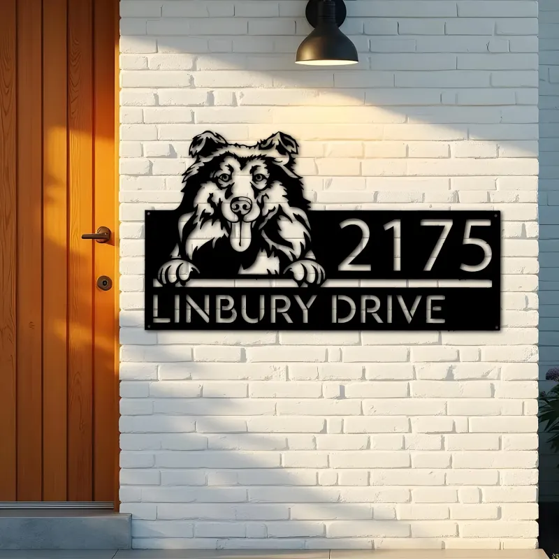 Custom Metal Collie dog Puppy Metal Address Sign House number Hanging Address Plaque Yard Sign Outdoor decor
