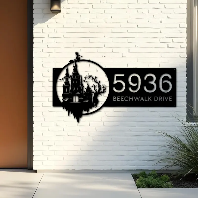 Custom Metal Haunted Castle Flying Witch Halloween Metal Address Sign House number Hanging Address Plaque Yard Sign Outdoor