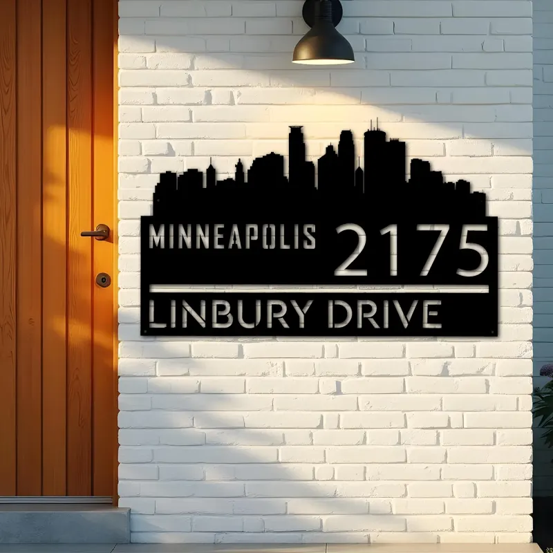 Custom Metal Minneapolis city skyline Metal Address Sign Hanging Address Plaque house number Yard Outdoor Sign