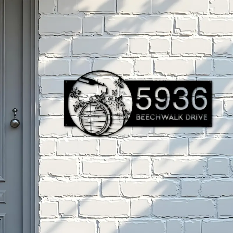 Custom Metal Wine barrel bottle grapes Metal Address Sign, House number, Outdoor Number Signage, Yard Sign Address Plate