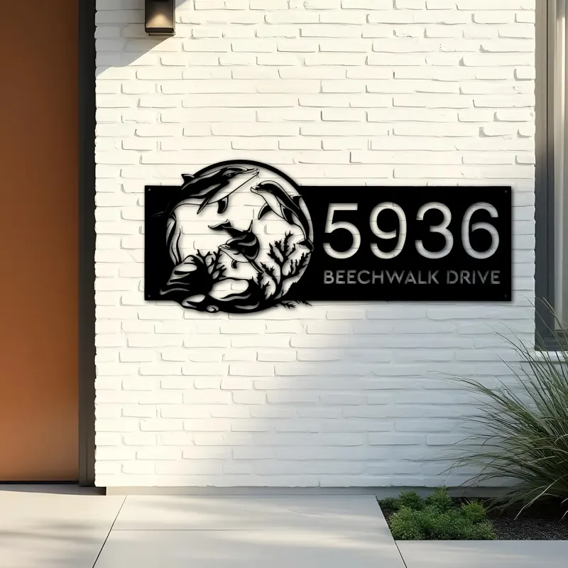 Custom Metal Ocean scene sea life dolphins Metal Address Sign, House number, Outdoor Number Signage, Yard Sign Address Plate