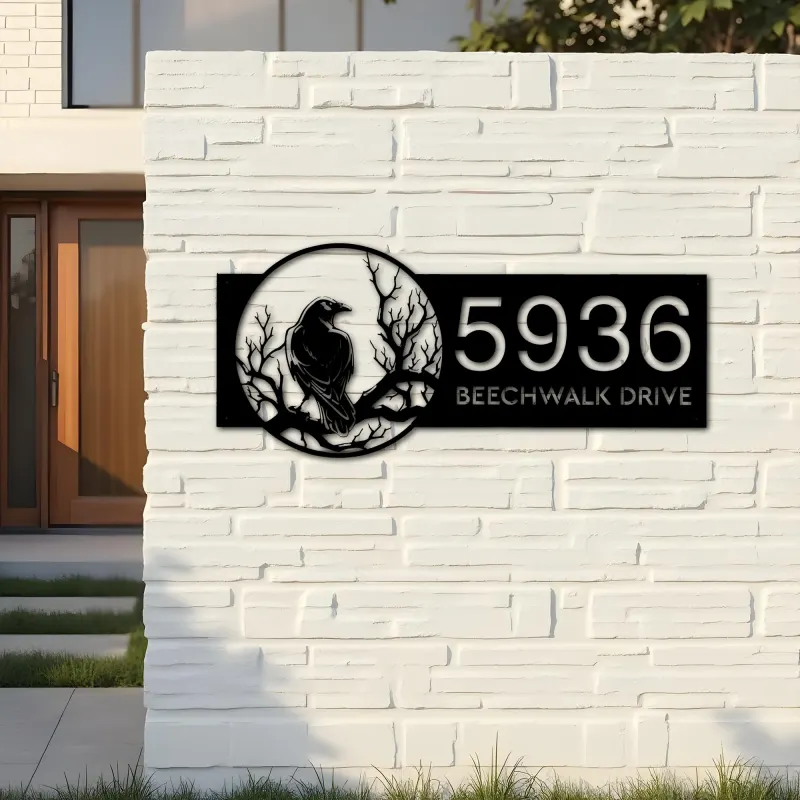 Custom Metal Black crow raven on a tree branch Metal Address Sign, House number, Outdoor Number Signage, Yard Sign Address Plate