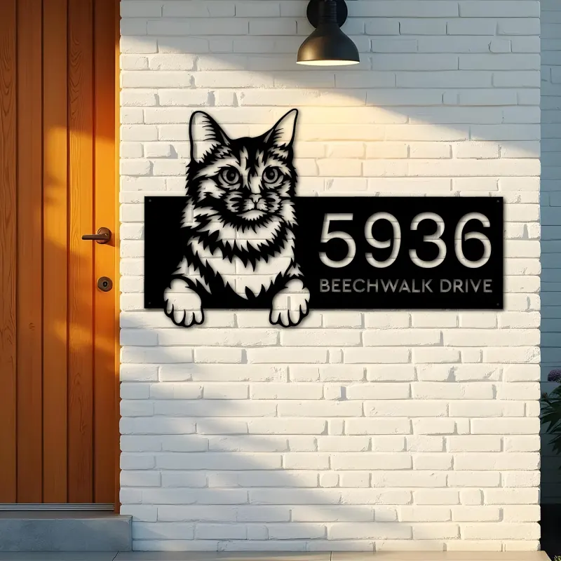 Custom Metal Somali Cute peeking cat kitten Metal Address Sign, House number, Outdoor Number Signage, Yard Sign Address Plate