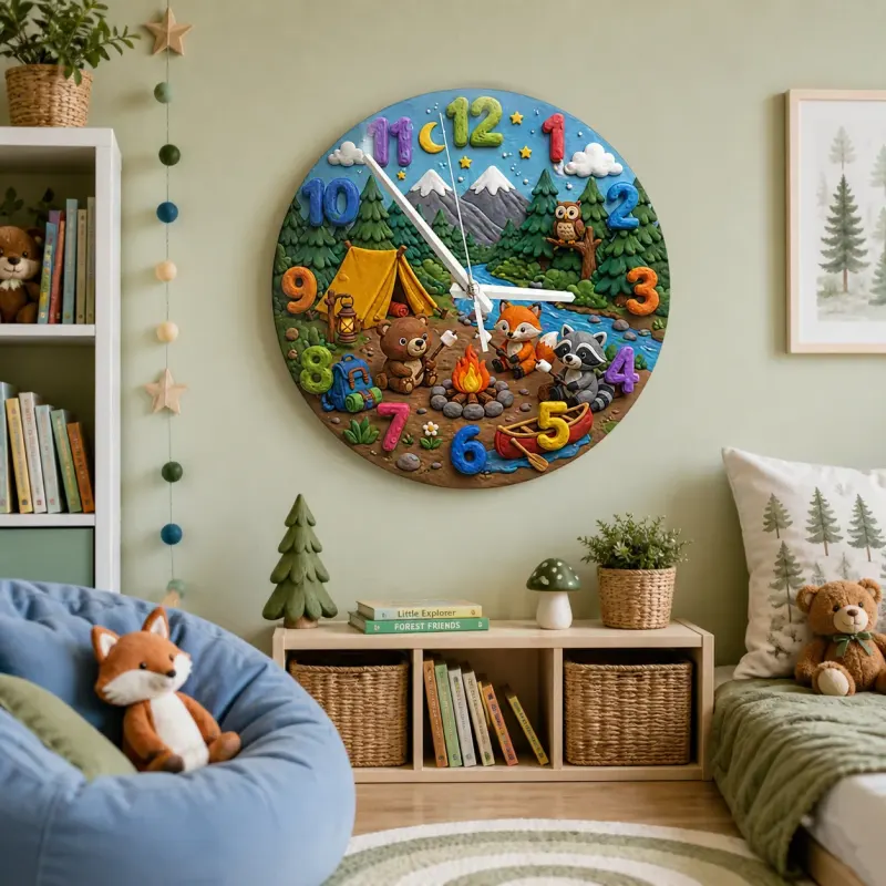 Woodland Camping Animals Kids Room Wall Clock