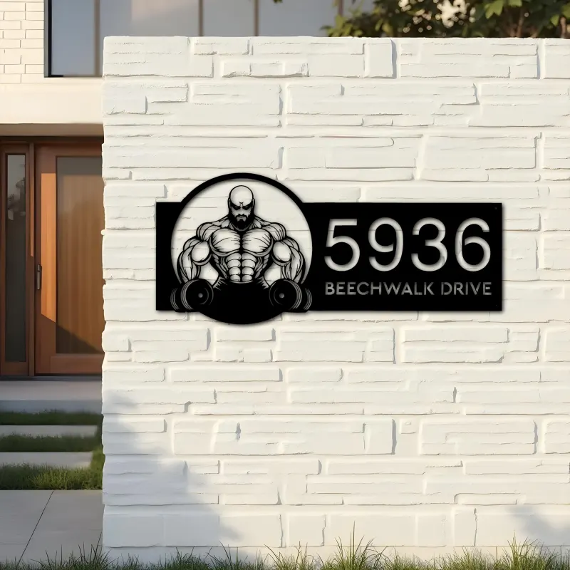 Custom Metal Bodybuilder gymer Metal Address Sign Custom House number Hanging Address Plaque Yard Sign Outdoor