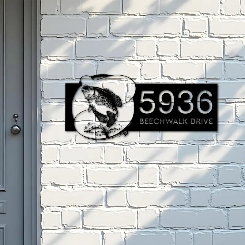 Custom Metal Crappie fishing rod bait hook Metal Address Sign, House number, Outdoor Number Signage, Yard Sign Address Plate