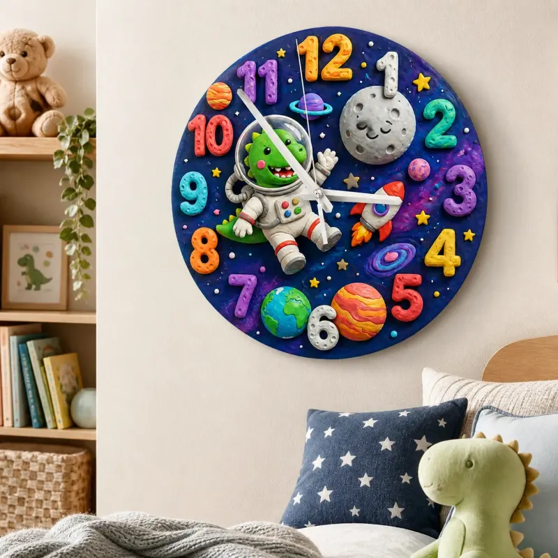 Astronauten-Dinosaurier Wanduhr für das Kinderzimmer | Galaxie Planeten Dekoration, Andenken Geschenk für das Babyzimmer (34,5 cm)