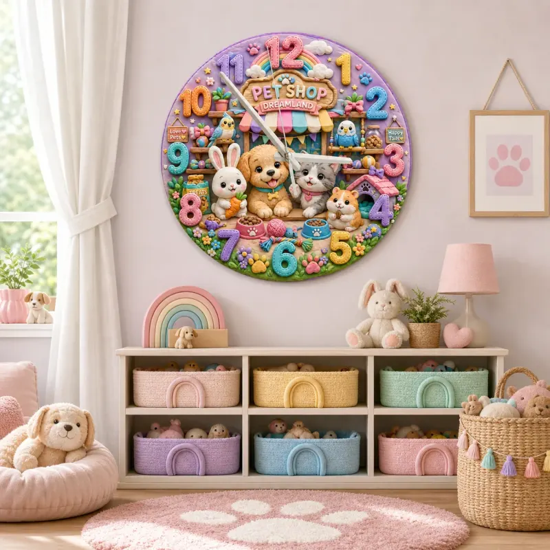 Reloj de pared para niños con animales de la tienda de mascotas | Decoración de guardería con cachorro y gatito en arcoíris pastel, regalo de cumpleaños para niños (34.5 cm)