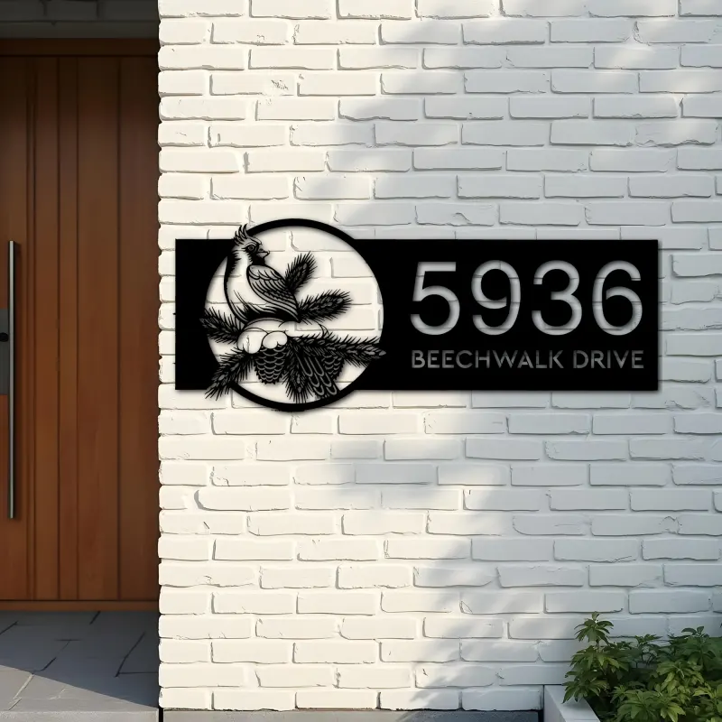 Custom Metal Northern cardinal bird Metal Address Sign, House number, Outdoor Number Signage, Yard Sign Address Plate
