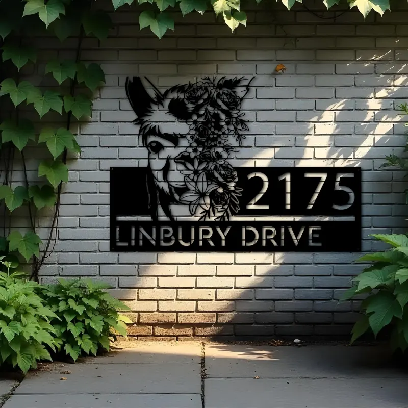 Custom Metal Floral Llama animal Metal Address Sign, House number, Outdoor Number Signage, Yard Sign Address Plate