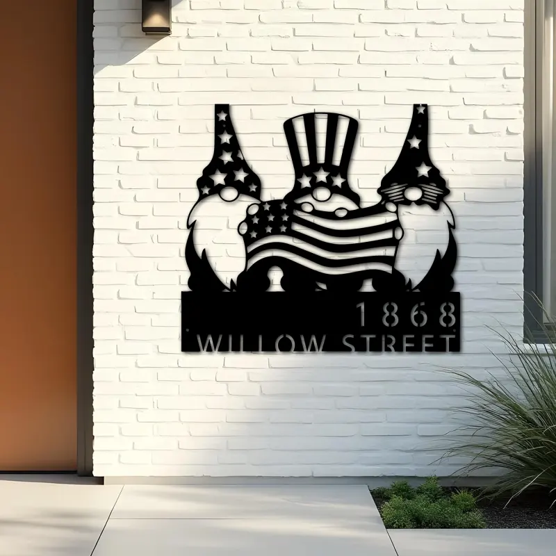 Custom Metal Gnomes 4th of July patriotic Metal Address Sign, House number, Outdoor Number Signage, Yard Sign Address Plate
