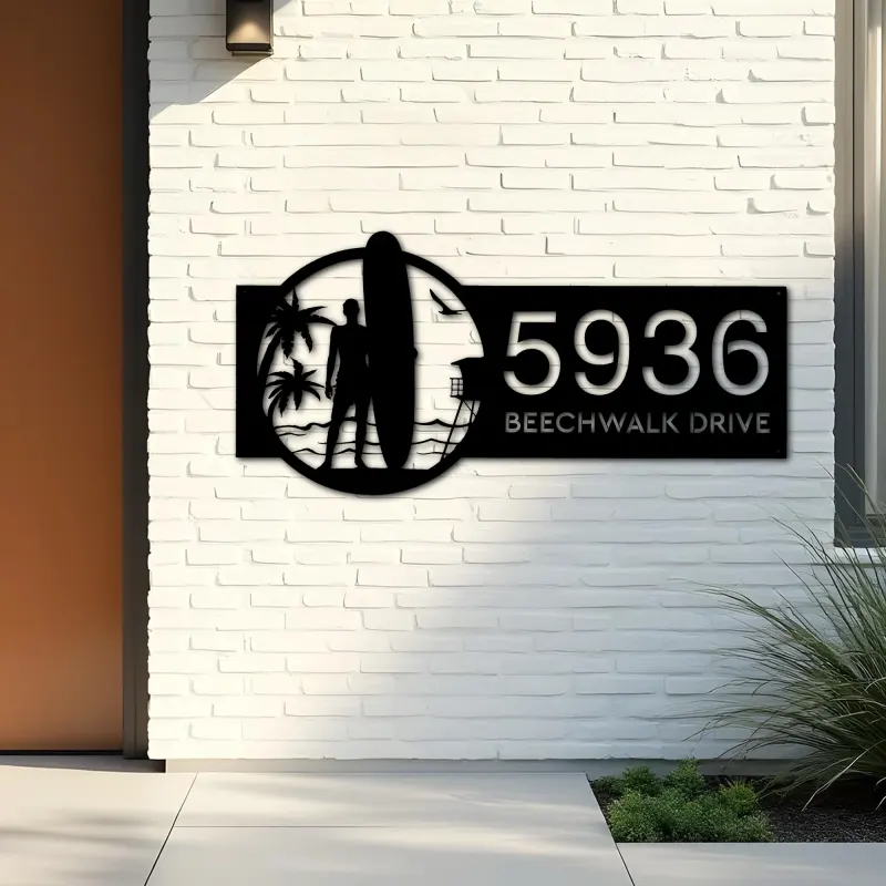 Custom Metal Longboard male Surfer Metal Address Sign, House number, Outdoor Number Signage, Yard Sign Address Plate