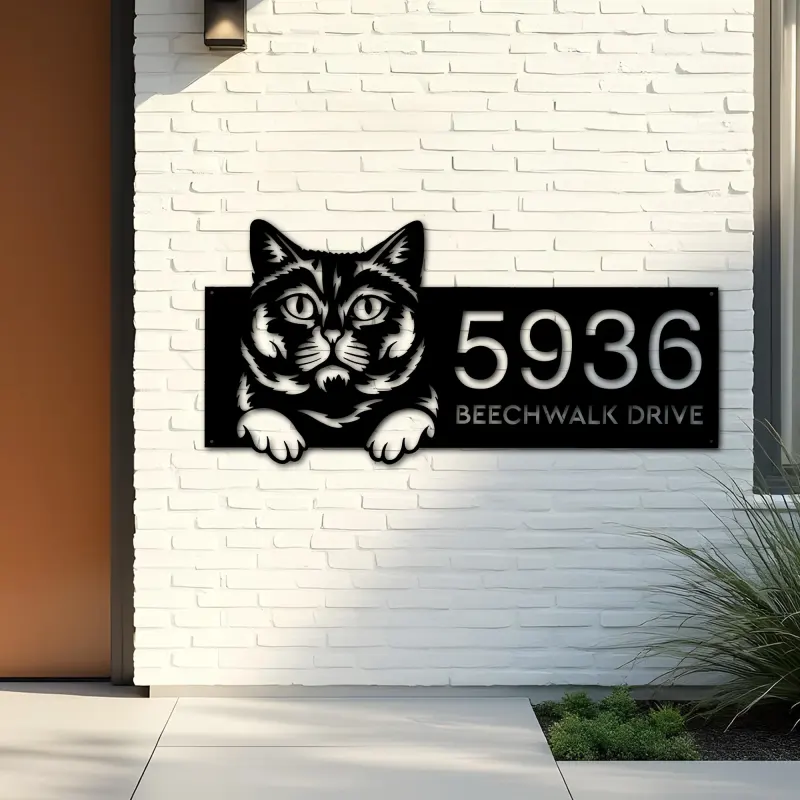 Custom Metal British shorthair Cute peeking cat Metal Address Sign, House number, Outdoor Number Signage, Yard Sign Address Plate
