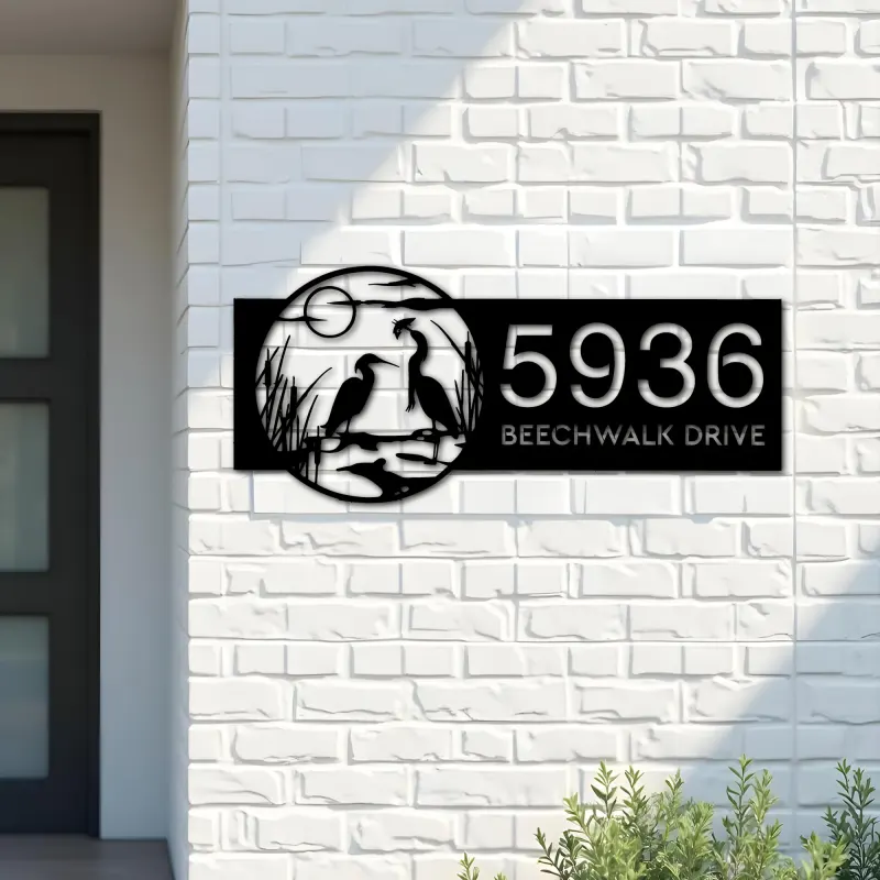 Custom Metal Heron Couple on Lake Metal Address Sign Custom House number Hanging Address Plaque Yard Sign Outdoor