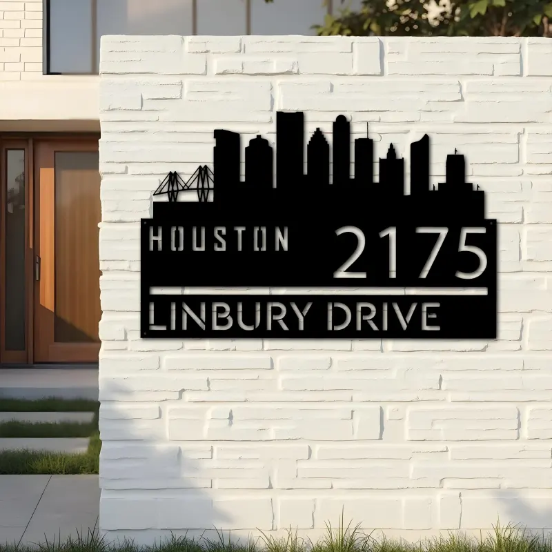 Custom Metal Houston city skyline Metal Address Sign Hanging Address Plaque house number Yard Outdoor Sign