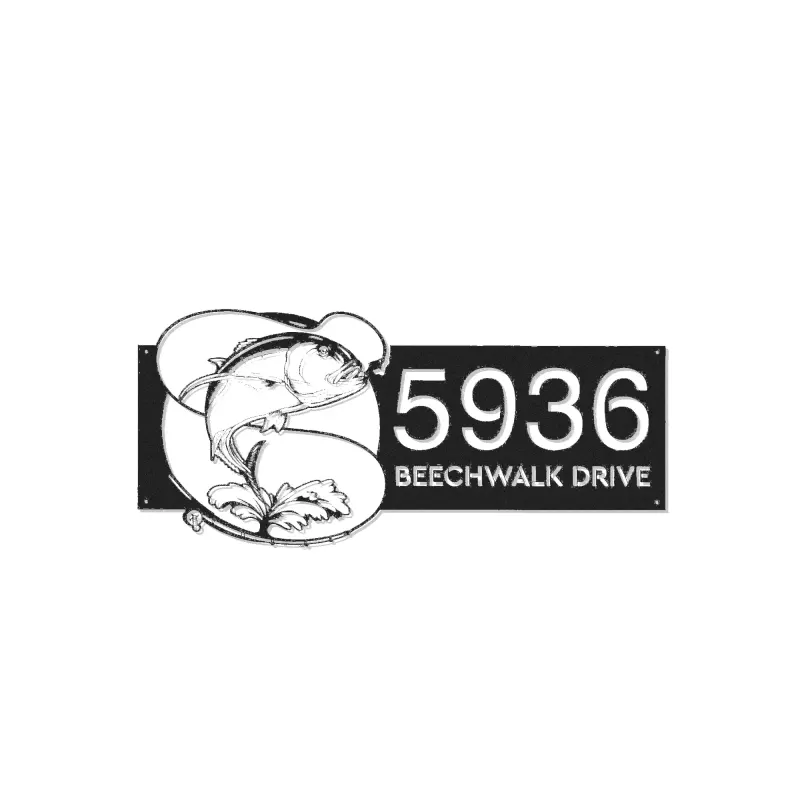 Custom Metal Trevally fishing rod bait hook Metal Address Sign, House number, Outdoor Number Signage, Yard Sign Address Plate
