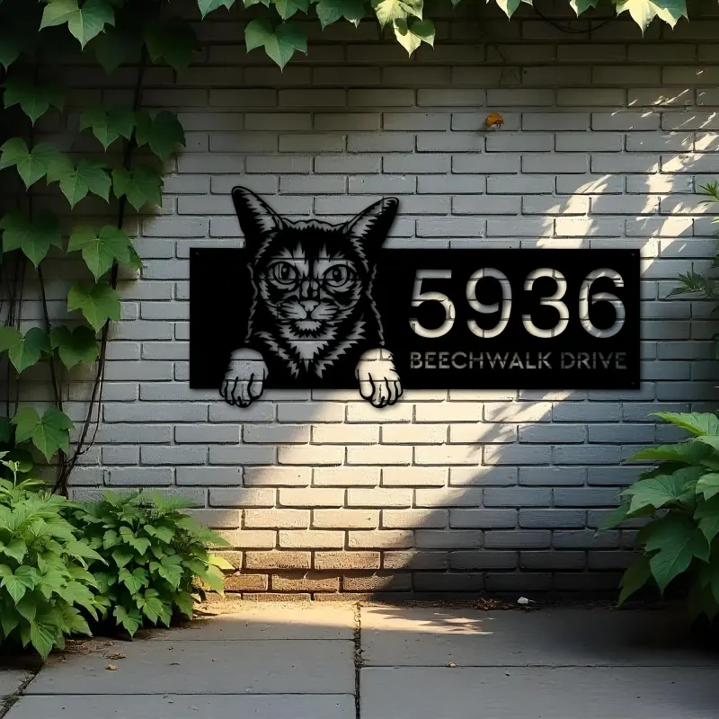 Custom Metal Abyssinian Cute peeking cat kitten Metal Address Sign, House number, Outdoor Number Signage, Yard Sign Address Plate