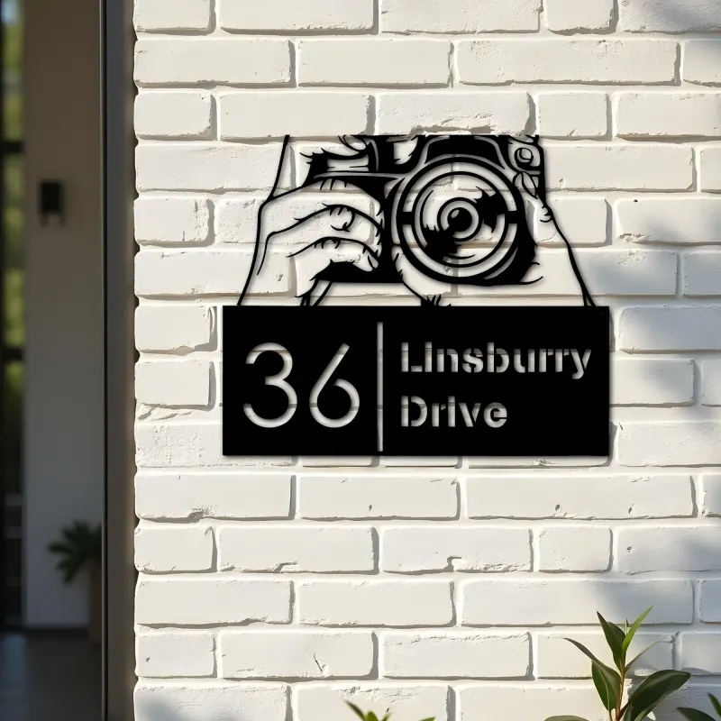 Custom Metal Hands holding camera photography Metal Address Sign, House number, Outdoor Number Signage, Yard Sign Address Plate