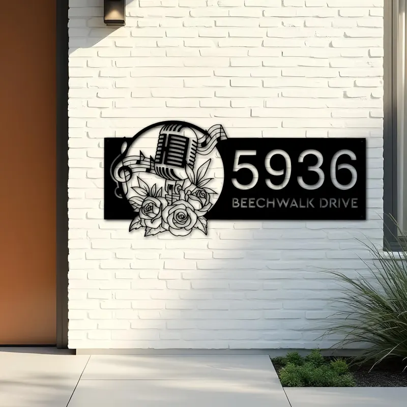 Custom Metal Floral microphone Musical notes Metal Address Sign, House number, Outdoor Number Signage, Yard Sign Address Plate