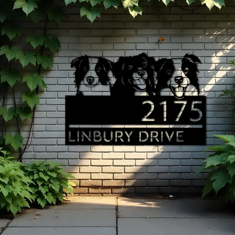 Custom Metal Peeking dogs border collie Metal Address Sign, House number, Outdoor Number Signage, Yard Sign Address Plate