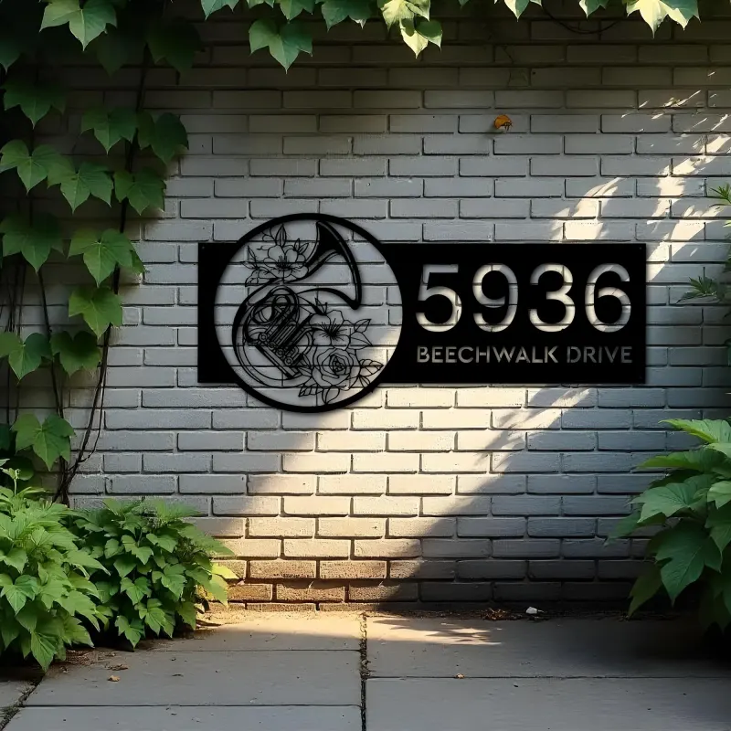 Custom Metal Floral trumpet musician Metal Address Sign, House number, Outdoor Number Signage, Yard Sign Address Plate
