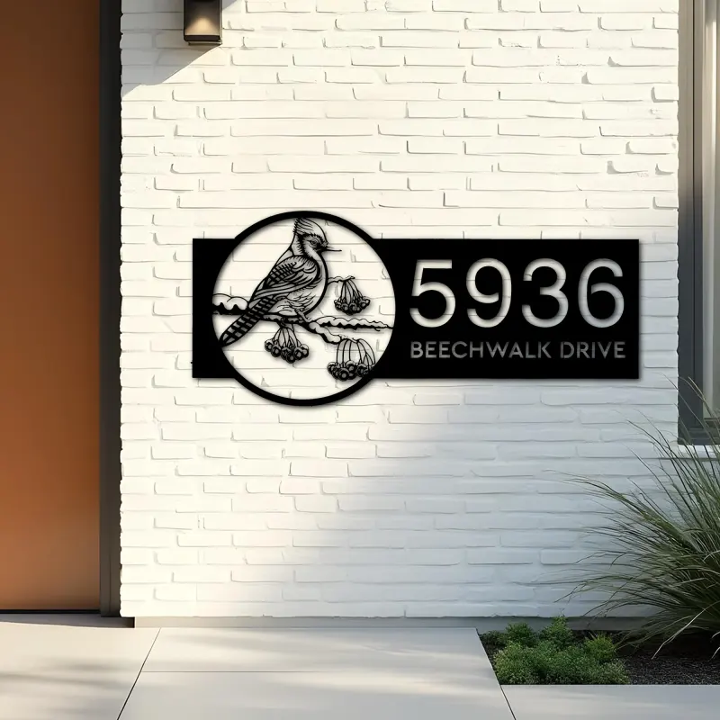 Custom Metal Blue jay bird Metal Address Sign Custom Hanging Address Plaque House number Yard Sign Outdoor Sign