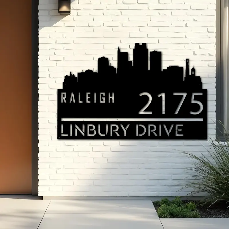 Custom Metal Raleigh city skyline Metal Address Sign Hanging Address Plaque house number Yard Outdoor Sign