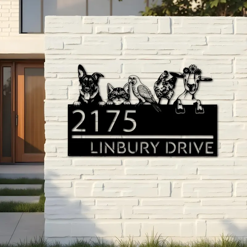 Custom Metal German shepherd cat parrot chicken and goat Metal Address Sign, House number, Outdoor Number Signage, Yard Sign Address Plate