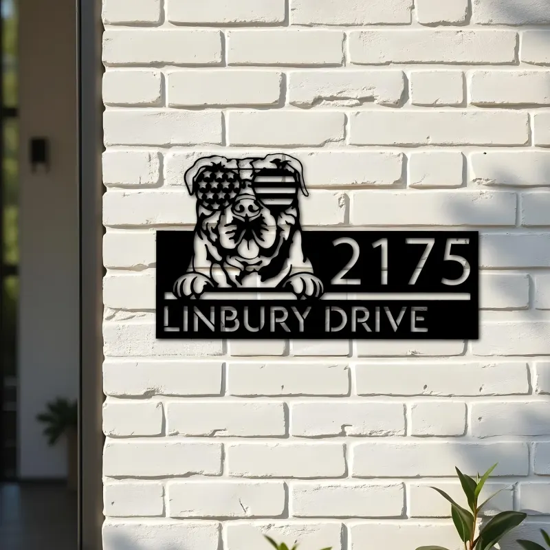 Custom Metal Continental Bulldog dog US glasses Metal Address Sign House number Hanging Address Plaque Yard Sign Outdoor decor