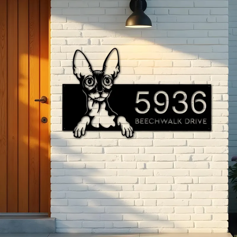Custom Metal Cornish rex Cute peeking cat kitten Metal Address Sign, House number, Outdoor Number Signage, Yard Sign Address Plate